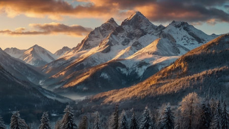 Panoramic view of snowy mountains in winterの写真素材