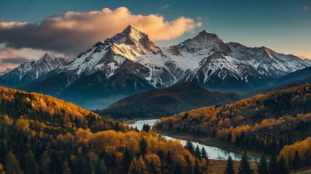 Mountain landscape in autumn season. Colorful alpine scenery with river and high peaks.の写真素材