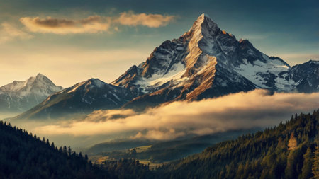 Matterhorn mountain peak in morning mist, Swiss Alps, Switzerlandの写真素材