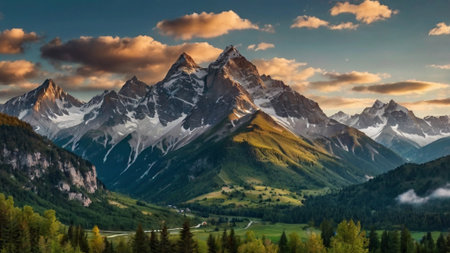 Panoramic view of the snow-capped peaks of the Alps.の写真素材