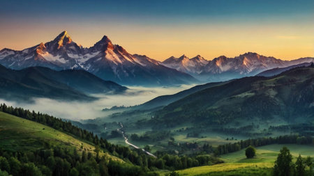 Panoramic view of the mountain range in the fog at sunset.