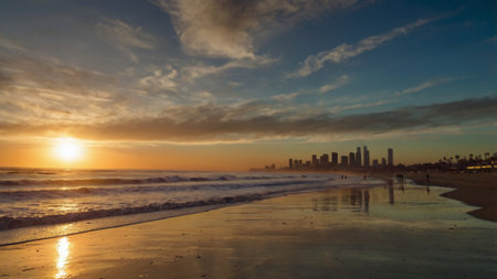 Panoramic view of Tel Aviv beach at sunset, Israel.
