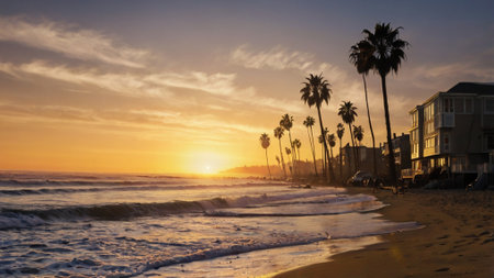 Palm trees on the beach at sunset, San Diego, California