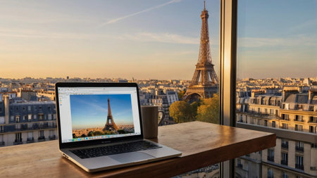Laptop on table with eiffel tower on background during sunset