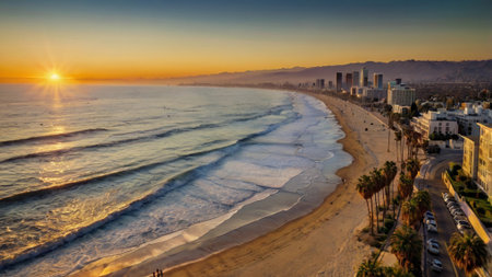 Aerial view of Santa Monica beach at sunset, California, USAの写真素材