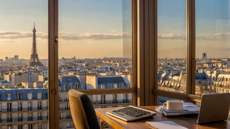 A cup of coffee and a laptop on a table in Paris, Franceの写真素材