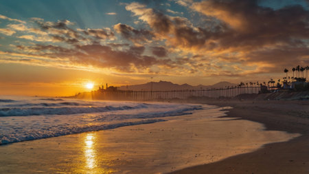 Sunset on the beach in Benidorm, Costa Blanca, Spainの写真素材