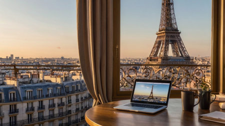 Laptop with Eiffel tower on the background in Paris, Franceの写真素材