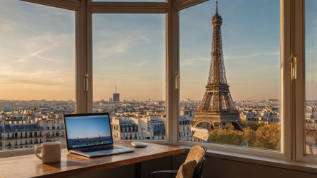 Laptop and coffee cup with Eiffel Tower in Paris, Franceの写真素材