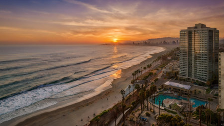 Aerial view of the city at sunsetの写真素材