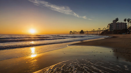 Sunset on the beach in Venice Beach, Los Angeles, Californiaの写真素材