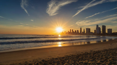 Beautiful sunset on the beach with skyscrapers in San Diego, California