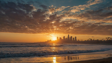 Dramatic sunset over San Diego skyline, California, USA.の写真素材