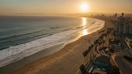 Aerial view of the beach at sunsetの写真素材