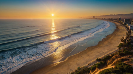 Panoramic aerial view of a beach at sunset