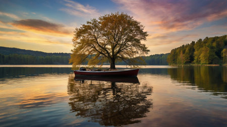 Boat on the lake in the autumn with a tree at sunsetの写真素材