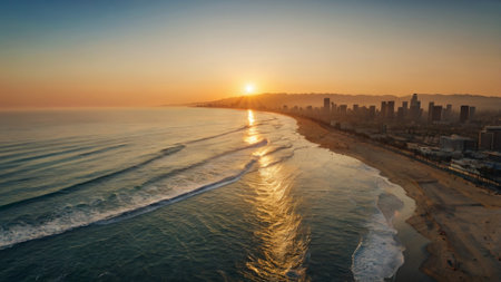 Aerial view of Surfers Paradise Beach at sunset, Australiaの写真素材