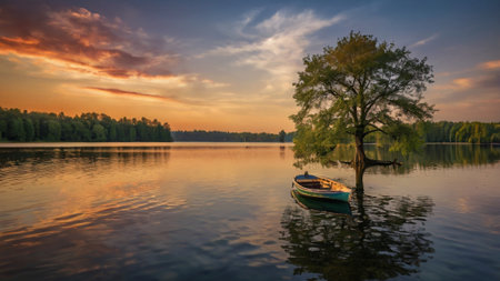 Boat on the lake with a tree at sunset. Nature composition.の写真素材