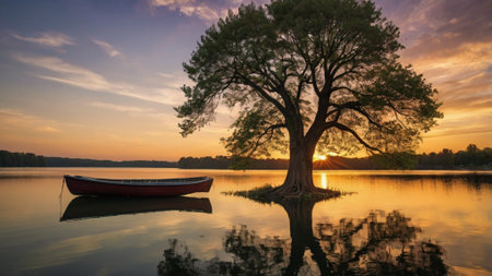 Sunset over a lake with a boat and a tree in the foregroundの写真素材