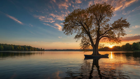 Lonely tree on the bank of the lake at sunset.の写真素材