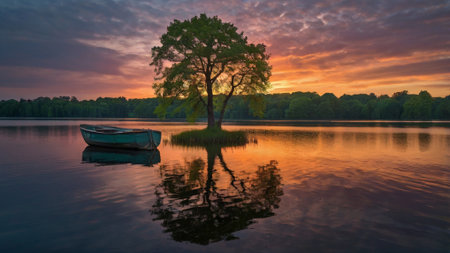 Lonely tree on the lake at sunset with a small boatの写真素材