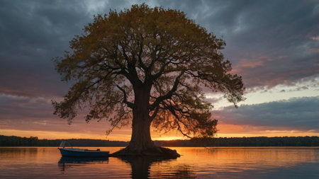 Beautiful sunset on the lake with an old oak tree and boat