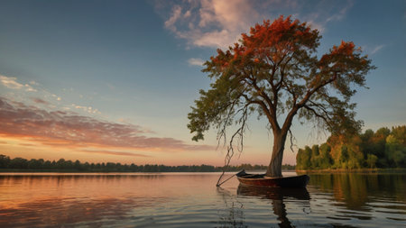 Boat on the lake at sunset. Beautiful autumn landscape with a lonely tree.