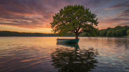 Lonely tree on a lake at sunset with a boat in the foreground
