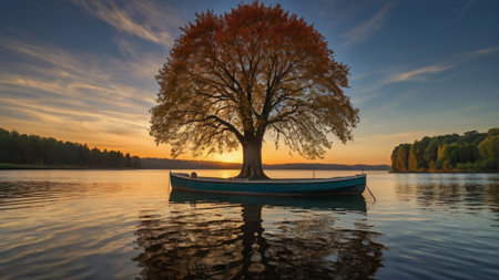 Autumn landscape with a lonely tree and a boat on the lake