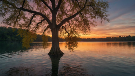 Beautiful sunset over the lake with a tree in the foreground.