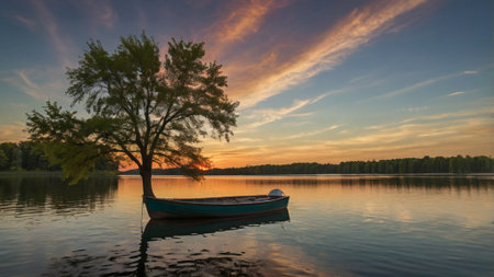 Boat on the lake at sunset. Beautiful summer landscape. Nature composition.の写真素材