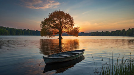 Lonely tree and boat on the lake at sunset, Polandの写真素材