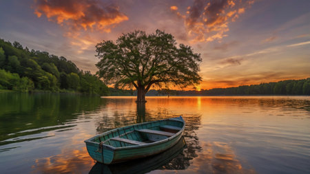 Boat and tree on the lake at sunset. Nature composition.の写真素材