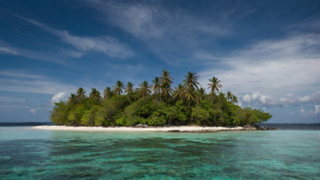 tropical island in Maldives with few palm trees and blue lagoonの写真素材