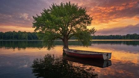 Abandoned boat on the lake at sunset with a tree in the foregroundの写真素材