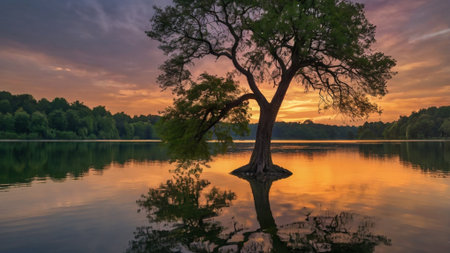 Beautiful sunset over the lake with a tree in the foreground.の写真素材