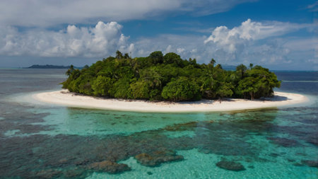 Aerial view of a tropical island with palm trees and sandbarの写真素材