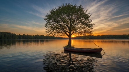 Boat on the lake at sunrise with a tree in the foregroundの写真素材