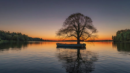 Beautiful sunset on the lake with a lonely tree in the foregroundの写真素材