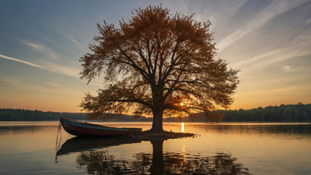 Beautiful autumn landscape with tree and boat on the lake at sunsetの写真素材