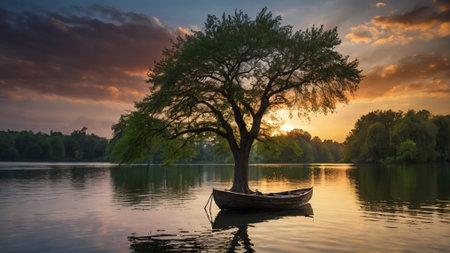 Sunset over a lake with a boat and a tree in the foregroundの写真素材
