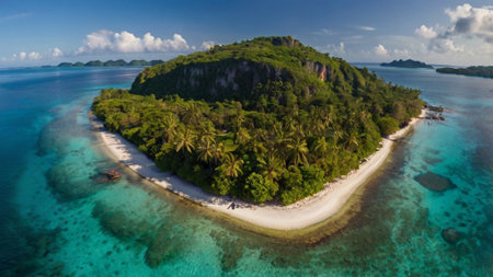 Aerial view of beautiful tropical island with white sand beach, palm trees and turquoise seaの写真素材