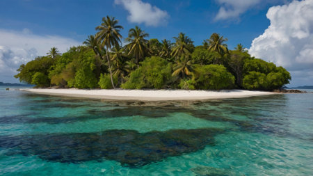 tropical island with few palm trees and blue lagoon atoll