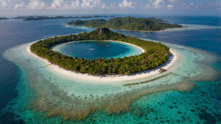 Aerial view of tropical island with sandy beach and turquoise sea.の写真素材