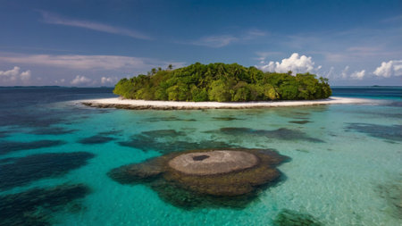 Aerial view of a small island in the middle of the seaの写真素材