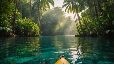 Kayaking in the jungle of Sri Lanka with palm trees and blue water