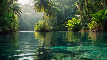 Tropical rainforest with palm trees and turquoise waterの写真素材