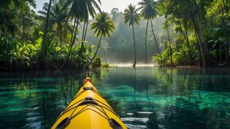 Kayaking in the tropical rainforest of Borneo, Malaysiaの写真素材