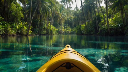 Kayak in a tropical lagoon with palm trees and blue waterの写真素材
