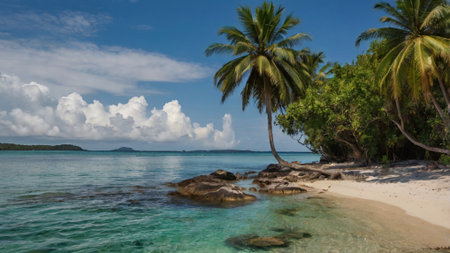 Tropical beach with palm trees and granite rocks, Seychelles